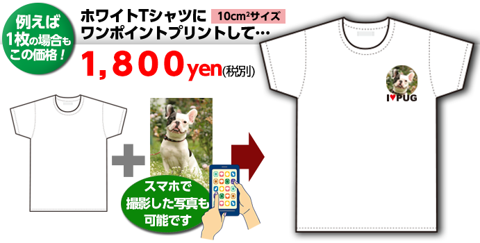 例えば、白色Tシャツに10平方センチ以内のワンポイント印刷で1枚だけでもなんと1800円で作れます！